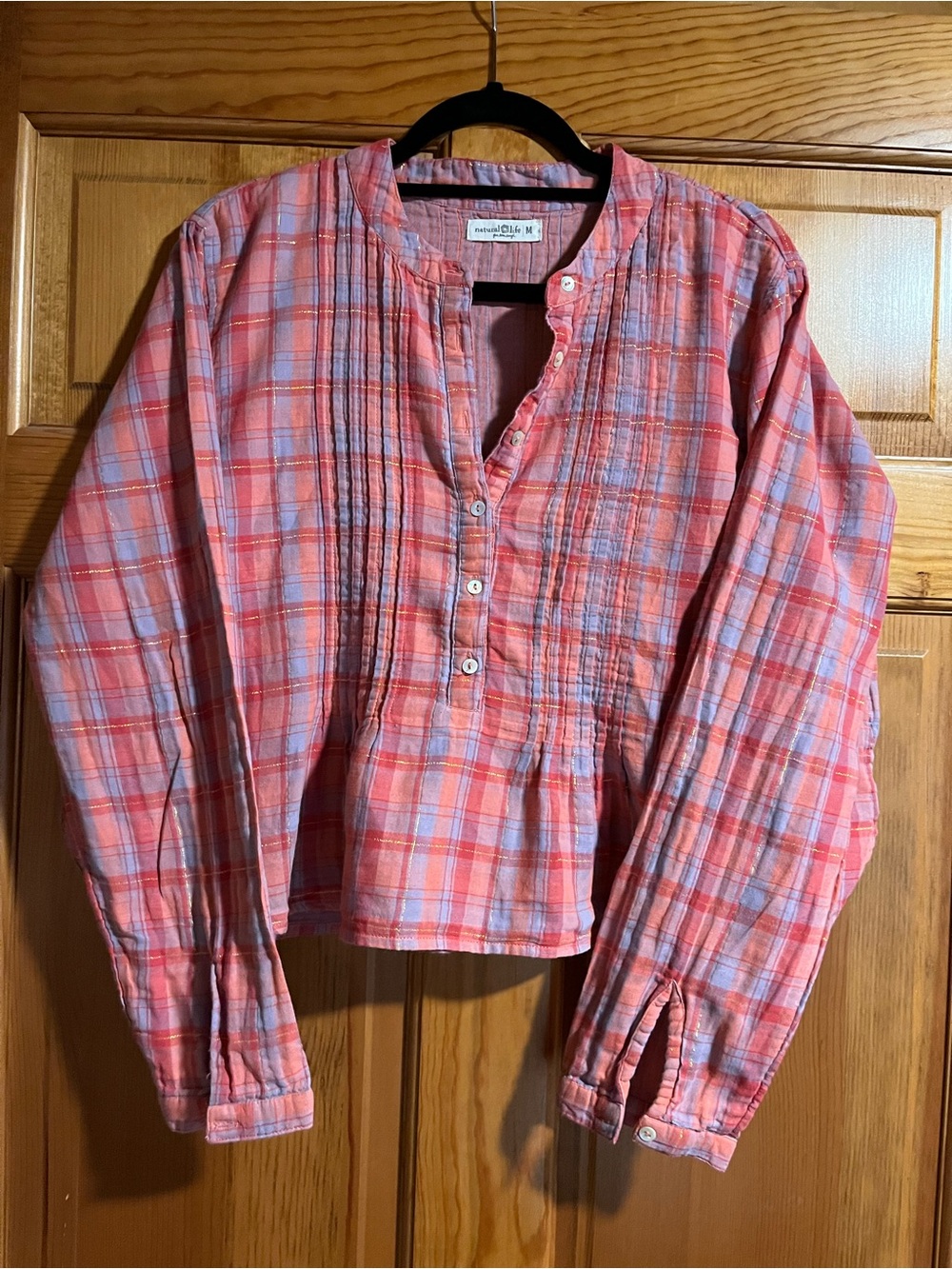 Natural Life Plaid Pintuck Blouse M Pink Lavender Metallic Gold Boho